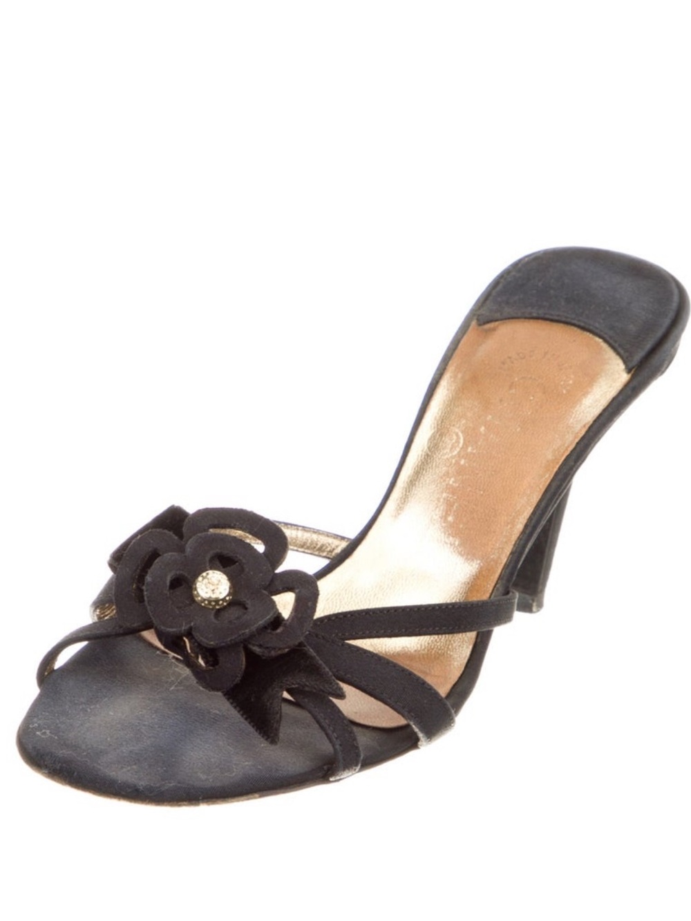 CHANEL Black Suede Camellia Slide Sandals with Gold Detail - Picture 8 of 9